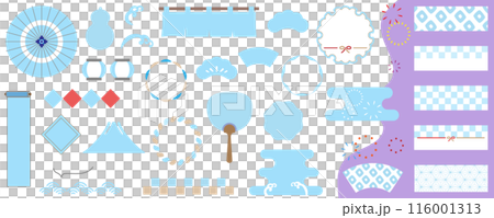 Cool blue summer Japanese style frame set, vector illustration, template, no text, white background, white background 116001313