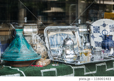 Traditional Moroccan Ceramics and Tea Set Display Traditional Moroccan Ceramics and Tea Set Display 116001483