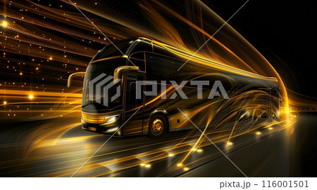 A high-speed black and gold bus races, trailing light against a backdrop of dynamic, futuristic lines. 116001501