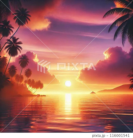 ヤシの木のある海と夕焼けの風景 116001541