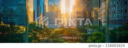 Morning sunlight over cityscape with lush greenery and tall buildings. Perfect for business themes and sustainable urban development. 116001624