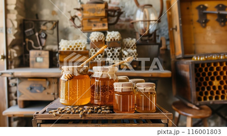 A charming artisanal honey display against antique beekeeping gear highlights the honey's refined flavors. 116001803