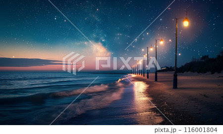 An oceanfront boulevard, where streetlights silhouette waves under a starlit sky, offers a mesmerizing escape. 116001804