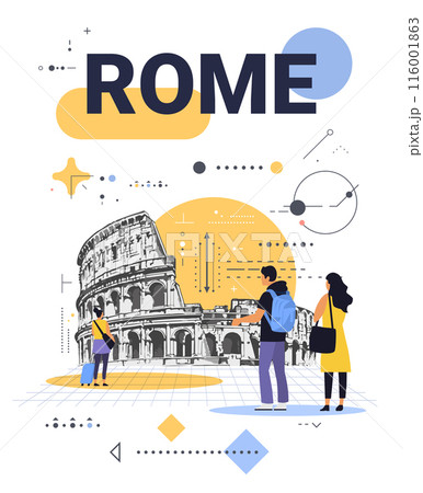 Rome travel illustration with tourists at Colosseum geometric shapes modern design 116001863