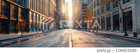 Empty city street during sunrise with tall...のイラスト素材 [116001880] - PIXTA