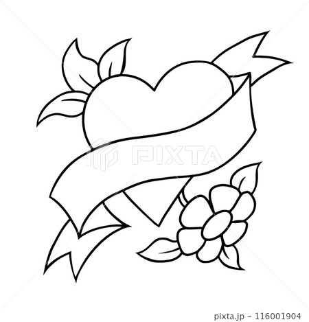 Heart with wording mom vector hand drawin tatto. Beautiful tattoo on white background. Black and whote ribbon with flowers Heart with wording mom vector hand drawin tatto. Beautiful tattoo on white background. Black and whote ribbon with flowers 116001904