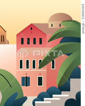 Mediterranean architecture with colorful buildings palm trees and stairs in a serene sunset setting 116001925