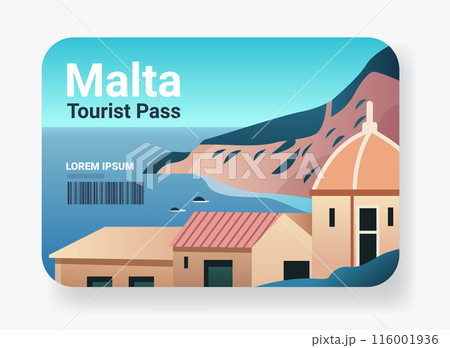 Malta tourist pass design featuring coastal landscape with buildings sea cliffs and dome Malta tourist pass design featuring coastal landscape with buildings sea cliffs and dome 116001936