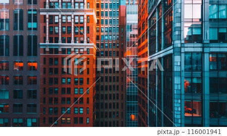 Close-up view of modern buildings with a mix of brick and glass facades. Urban architecture highlighting city development. 116001941