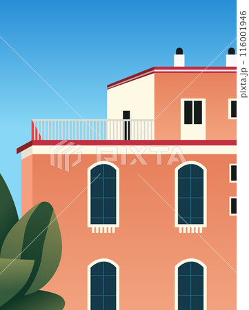 Modern building with large arched windows rooftop terrace and green foliage against a clear blue sky Modern building with large arched windows rooftop terrace and green foliage against a clear blue sky 116001946
