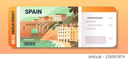 Travel ticket design featuring Spanish architecture beach palm trees and ocean in vibrant colors 116001974
