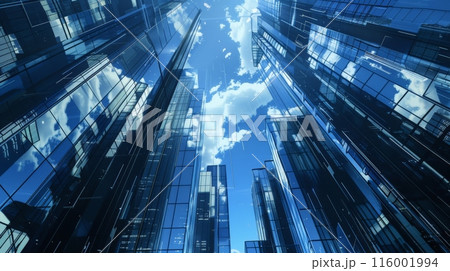 Blue glass skyscrapers reaching towards the sky in a futuristic urban environment. Ideal for business and corporate themes. Blue glass skyscrapers reaching towards the sky in a futuristic urban environment. Ideal for business and corporate themes. 116001994