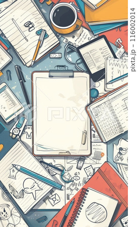 Assortment of colorful office supplies and business tools on a white desk. Creative workspace setup for business and planning. Assortment of colorful office supplies and business tools on a white desk. Creative workspace setup for business and planning. 116002014
