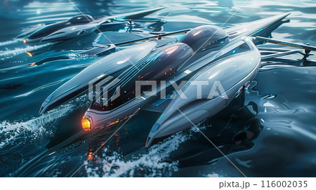A futuristic rowing competition with high-tech boats in a sci-fi setting showcases advanced tech and speed. 116002035