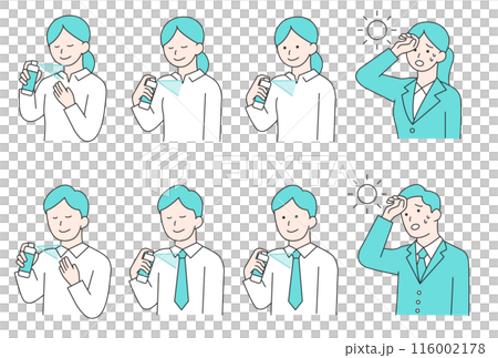 一個男人和一個女人在衣服上噴灑冷卻噴霧以對抗炎熱的簡單插圖 一個男人和一個女人在衣服上噴灑冷卻噴霧以對抗炎熱的簡單插圖 116002178