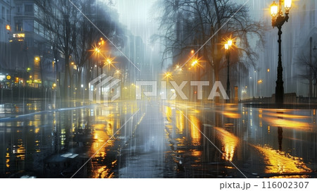 Rain-soaked streets reflected streetlights,...のイラスト素材 [116002307] - PIXTA