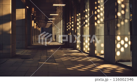 Streetlights cast geometric patterns on modern plaza walls, creating a captivating, contemporary atmosphere. Streetlights cast geometric patterns on modern plaza walls, creating a captivating, contemporary atmosphere. 116002346