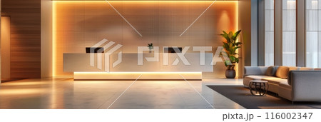 Contemporary office reception area with modern lighting, sleek reception desk, and potted plants. Concept of a professional work environment. Contemporary office reception area with modern lighting, sleek reception desk, and potted plants. Concept of a professional work environment. 116002347