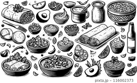Trendy Mexican food line art black and white. Line art vector hand drawn doodle cartoon set of Mexican Food theme 116002373