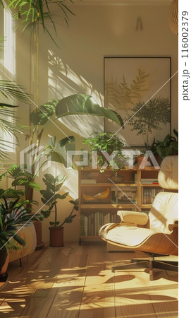 Living room filled with plants and sunlight, featuring a comfortable recliner chair and a bookshelf Living room filled with plants and sunlight, featuring a comfortable recliner chair and a bookshelf 116002379