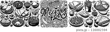 Trendy Mexican food line art black and white. Line art vector hand drawn doodle cartoon set of Mexican Food theme Trendy Mexican food line art black and white. Line art vector hand drawn doodle cartoon set of Mexican Food theme 116002394
