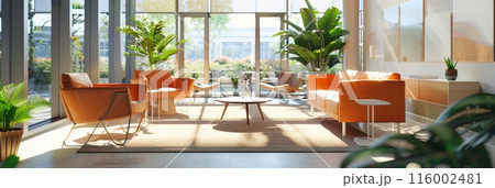 Spacious and bright office lounge with orange chairs and indoor plants. Cozy and modern waiting area. 116002481