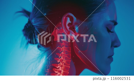 A close-up side view of a womans neck, with the spine highlighted 116002531