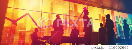 Silhouettes of business professionals in a meeting with a large screen displaying financial graphs. Business strategy and planning concept. 116002662