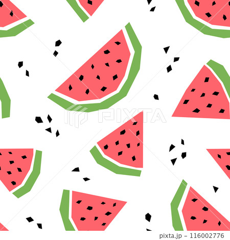 Watermelon cartoon seamless pattern. Tropical fruits background isolated on white. Watermelon slice and abstract element geometric print for fabric, paper, design. Vector illustration Watermelon cartoon seamless pattern. Tropical fruits background isolated on white. Watermelon slice and abstract element geometric print for fabric, paper, design. Vector illustration 116002776