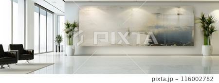Minimalist office lobby with large abstract art piece and indoor plants. Perfect for a sophisticated and modern business environment. 116002782