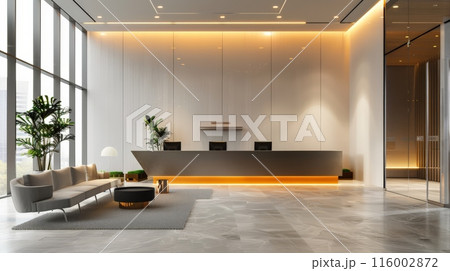 Spacious office lobby with a large reception desk and modern furnishings. Ideal for corporate and professional settings. 116002872