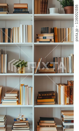 White bookshelves with books, decor items, potted plants, and gold accents. Modern and stylish office or study decor. 116002886