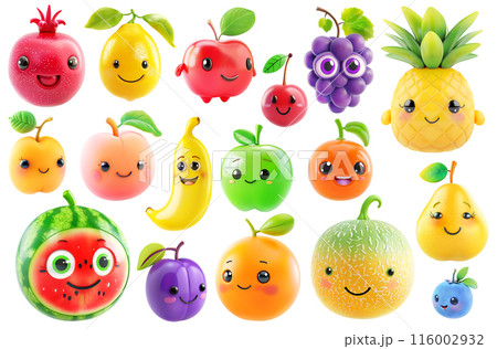 Cute cartoon fruit characters, large collection isolated on white background 116002932