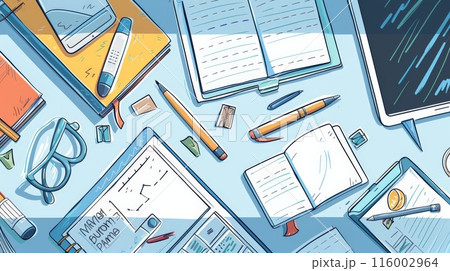 Assortment of office supplies and business charts on a light blue background. Creative workspace setup for business planning and analysis. 116002964