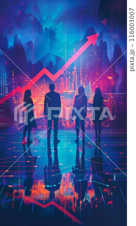 Silhouettes of business professionals with financial charts in the background. Representation of business growth and strategy. Silhouettes of business professionals with financial charts in the background. Representation of business growth and strategy. 116003007