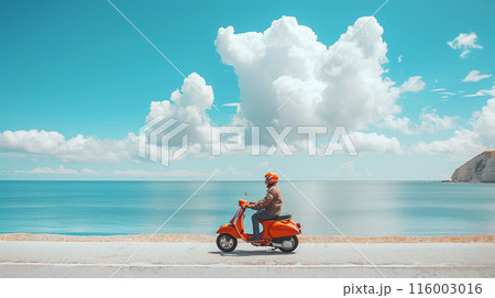 Man riding orange scooter on coastal road with calm sea and bright blue sky, minimalism, copy space 116003016