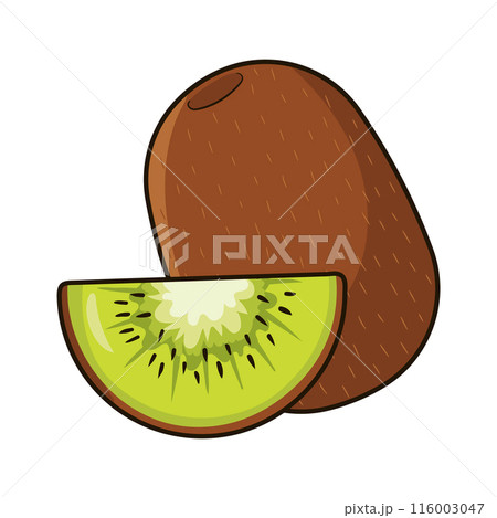 Ripe tropical kiwi fruit with a slice in cartoon style Ripe tropical kiwi fruit with a slice in cartoon style 116003047