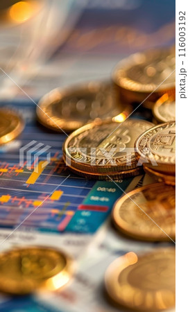 Close-up of bitcoins on financial charts and graphs. Cryptocurrency and financial market analysis concept. 116003192