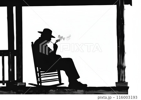 Old man smoking a cigar sitting on a porch 116003193