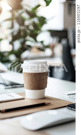 Takeaway coffee cup on a contemporary office desk with a mouse and keyboard, potted plants in the background. Concept of a productive workspace. Takeaway coffee cup on a contemporary office desk with a mouse and keyboard, potted plants in the background. Concept of a productive workspace. 116003297