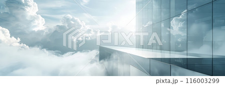 Modern glass building above the clouds with bright sunlight. Ideal for business concepts, innovation, and forward thinking. 116003299