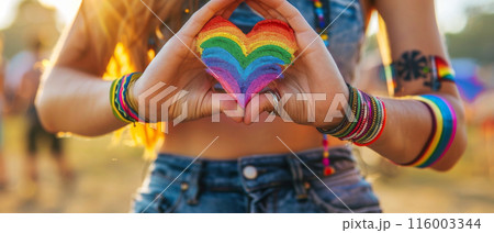 A woman is holding her hands in a heart shape, with a rainbow colored heart inside 116003344