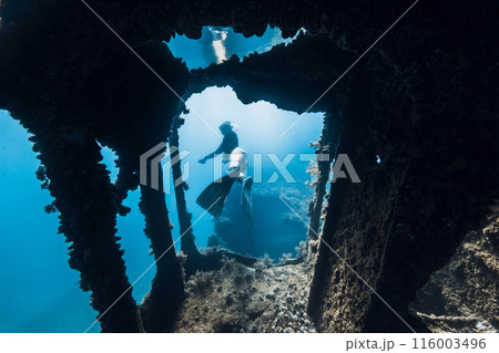Freediver underwater among the ruins of a ship. Freediving in wreck ship Freediver underwater among the ruins of a ship. Freediving in wreck ship 116003496
