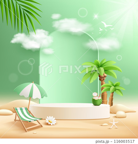 Summer podium display poster flyer design, coconut trees, pile of sand, coconut fruit, beach umbrella, on green background Summer podium display poster flyer design, coconut trees, pile of sand, coconut fruit, beach umbrella, on green background 116003517