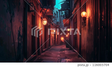 A lonely alleyway with flickering street lamps glowed in multicolored hues, creating an eerie, beautiful scene. A lonely alleyway with flickering street lamps glowed in multicolored hues, creating an eerie, beautiful scene. 116003704