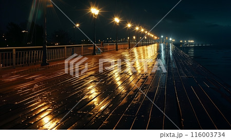 A night-lit boardwalk with streetlights reflecting off the planks and water creates a serene, mesmerizing scene. 116003734