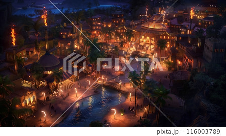 An exotic market island with streetlights and torches, creating a dazzling, vibrant and captivating glow. 116003789