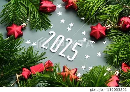 New Year 2025 background. Number of the coming year in Christmas decoration. 116003891