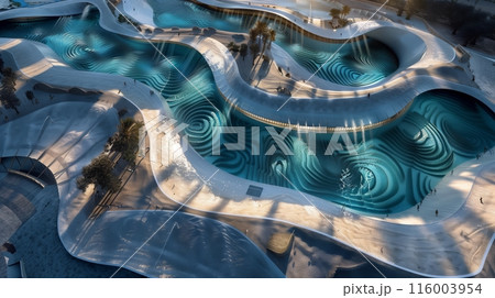 Aerial view of a seashell-shaped wave pool with intricate light and shadow patterns on the water. 116003954