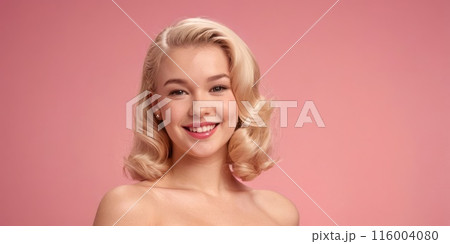 Portrait of beautiful smiling blond young woman on pink background. Retro pin up style. Generative 116004080